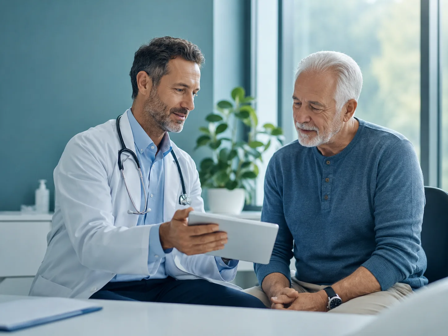 Doctor reviewing treatment information with a mature male patient