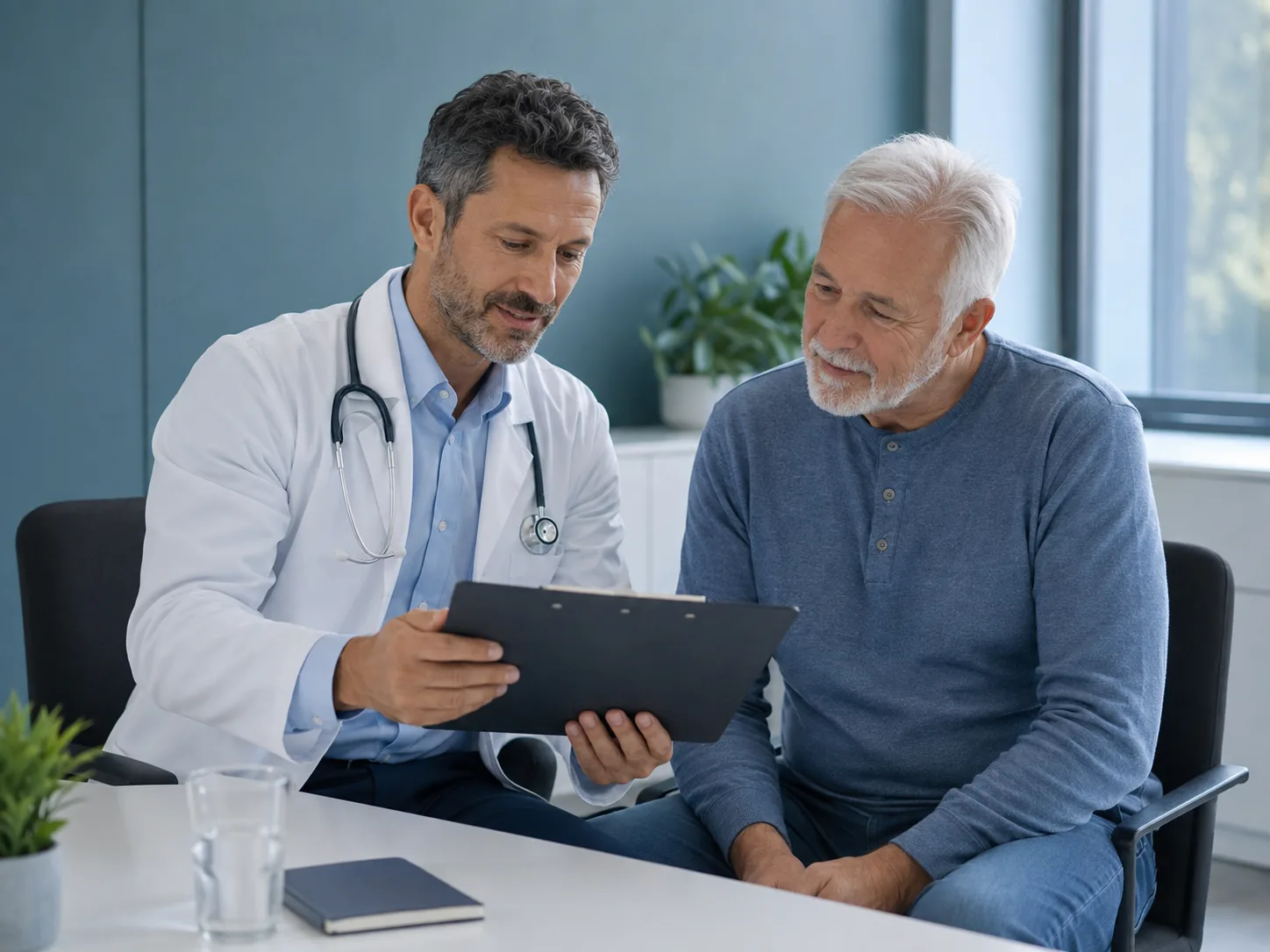 Doctor and mature male patient reviewing a symptom checklist together