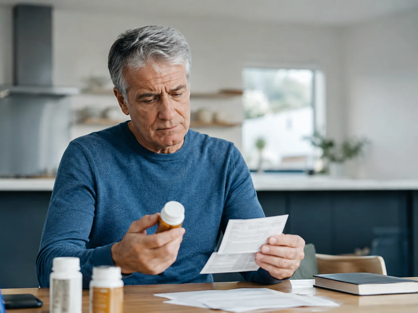 Mature man reviewing medication bottles and written instructions at home