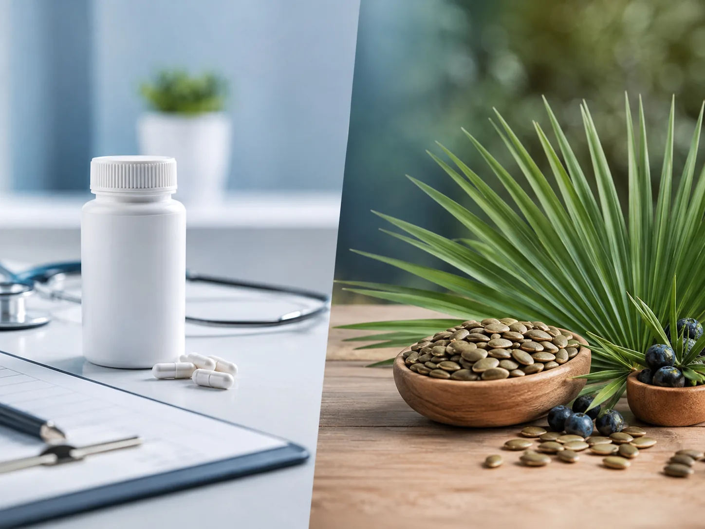 Side-by-side concept of prescription medicine and natural wellness ingredients