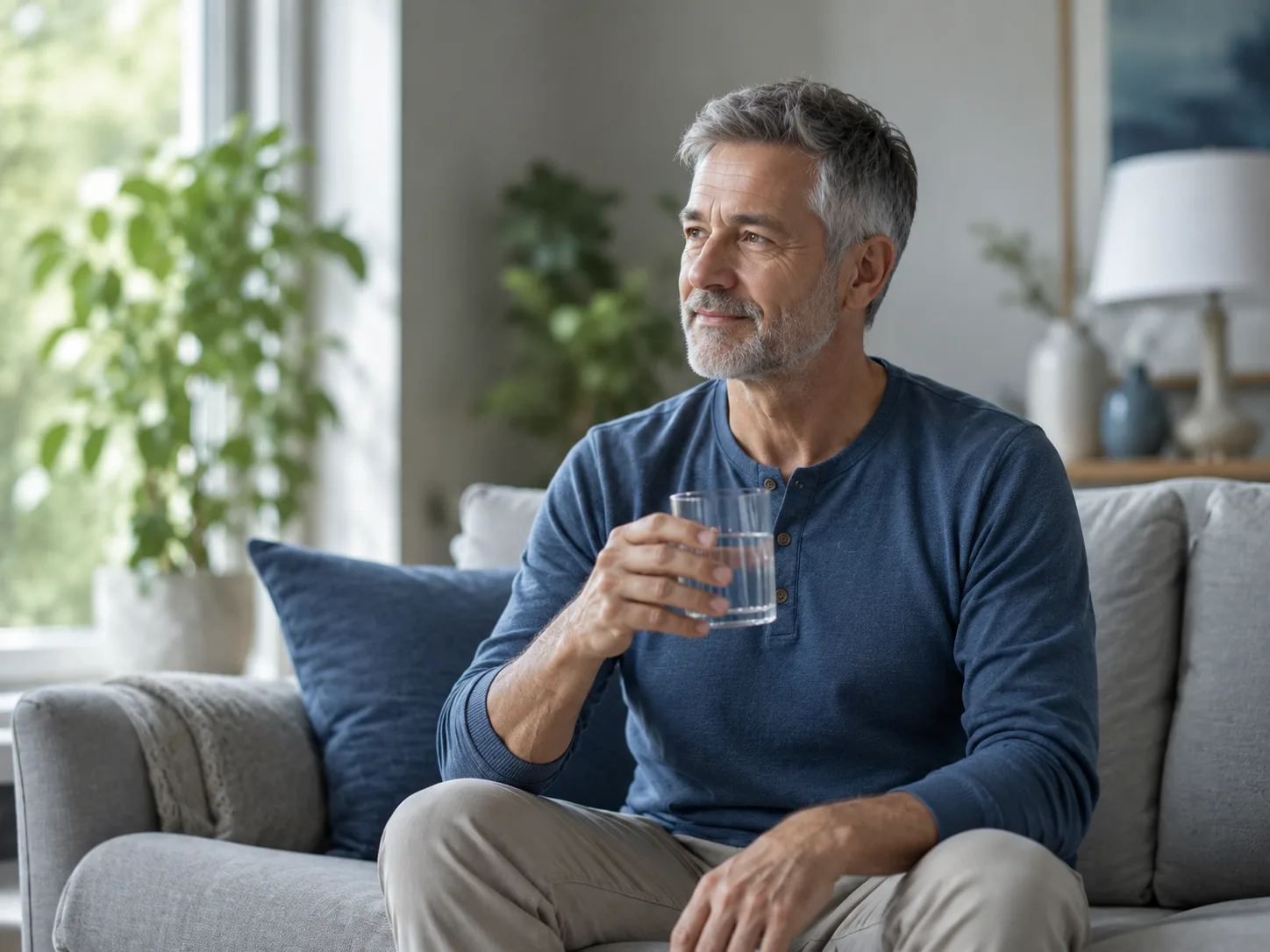 Relaxed mature man holding a glass of water in a bright living room