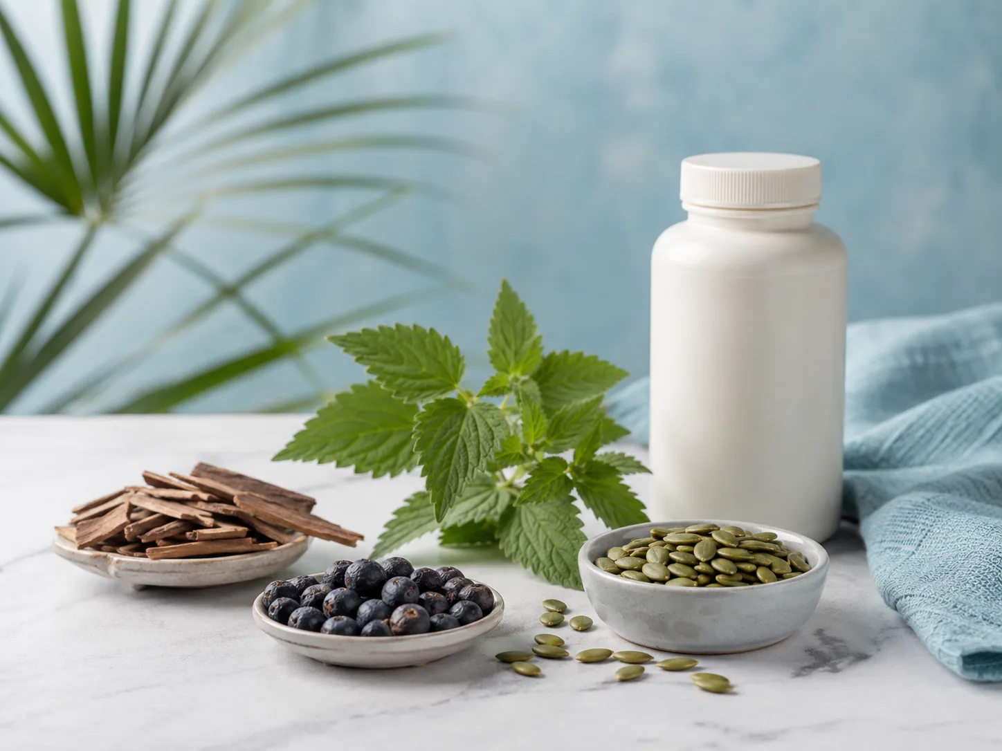 Natural wellness ingredients including dark berries, green seeds and nettle-like leaves