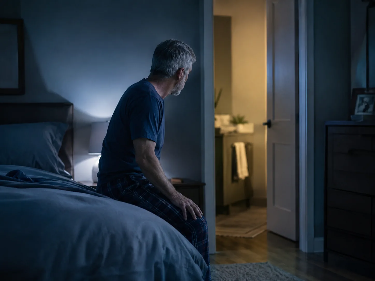 Mature man awake at night looking toward a softly lit bathroom