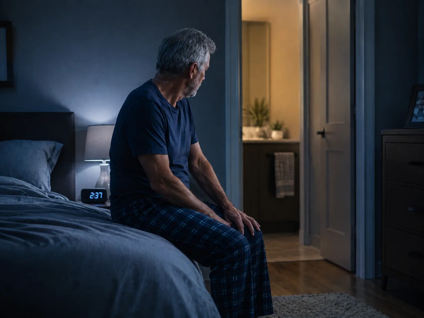 Mature man awake at 2:37 a.m. looking toward a lit bathroom
