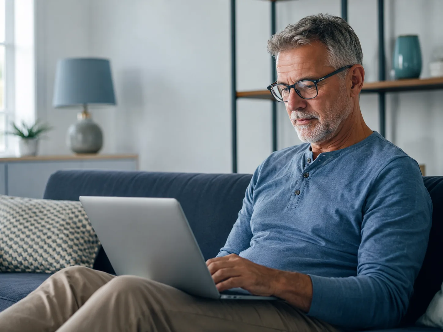 Mature man using a laptop at home to research health information