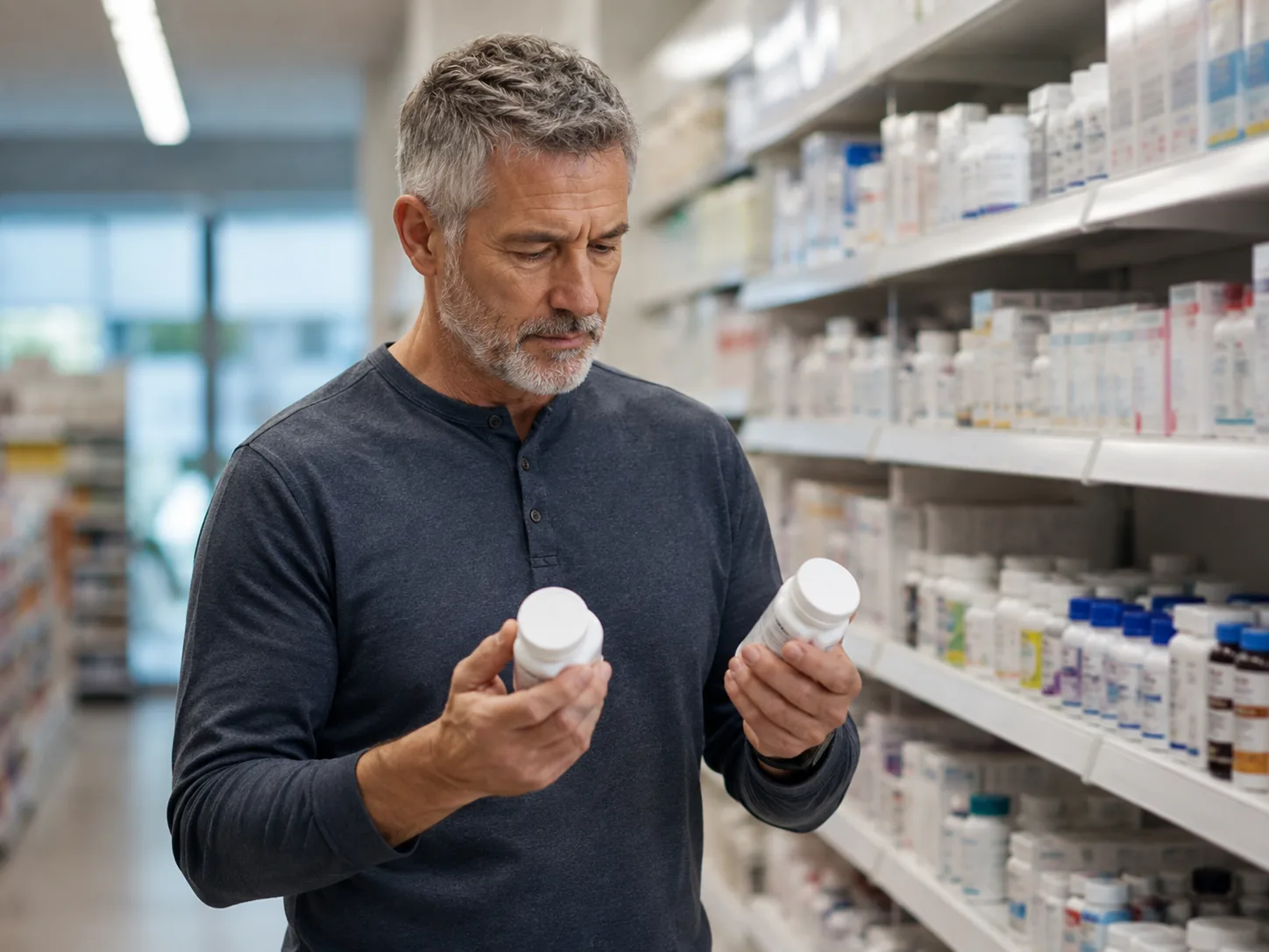 Mature man comparing two unbranded medication bottles in a pharmacy