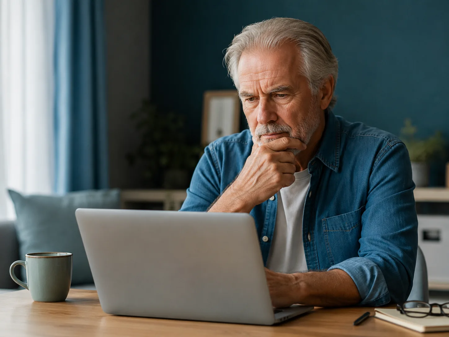Mature man researching urinary health options on a laptop