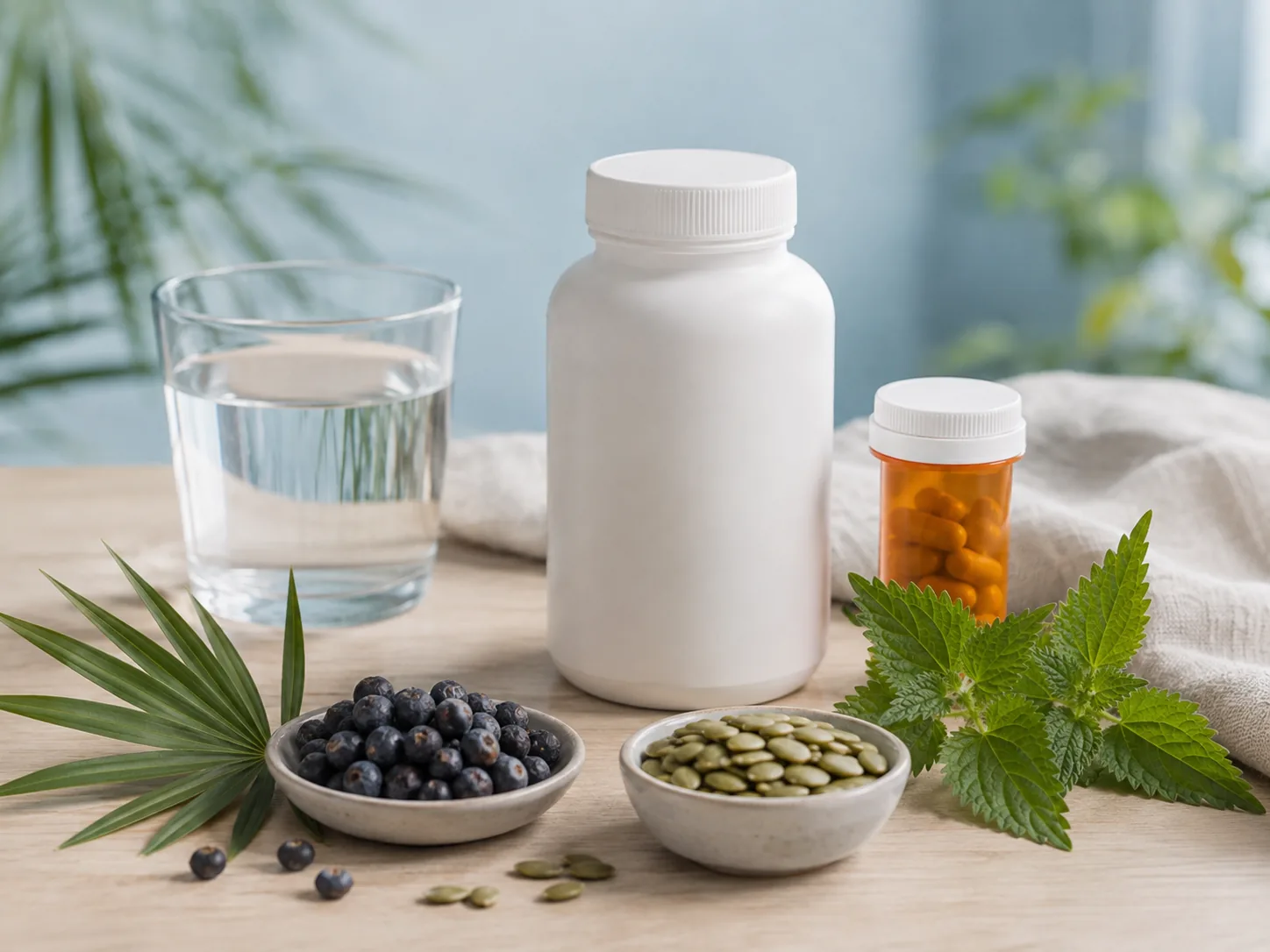 Unbranded supplement and prescription bottles beside water and natural ingredients
