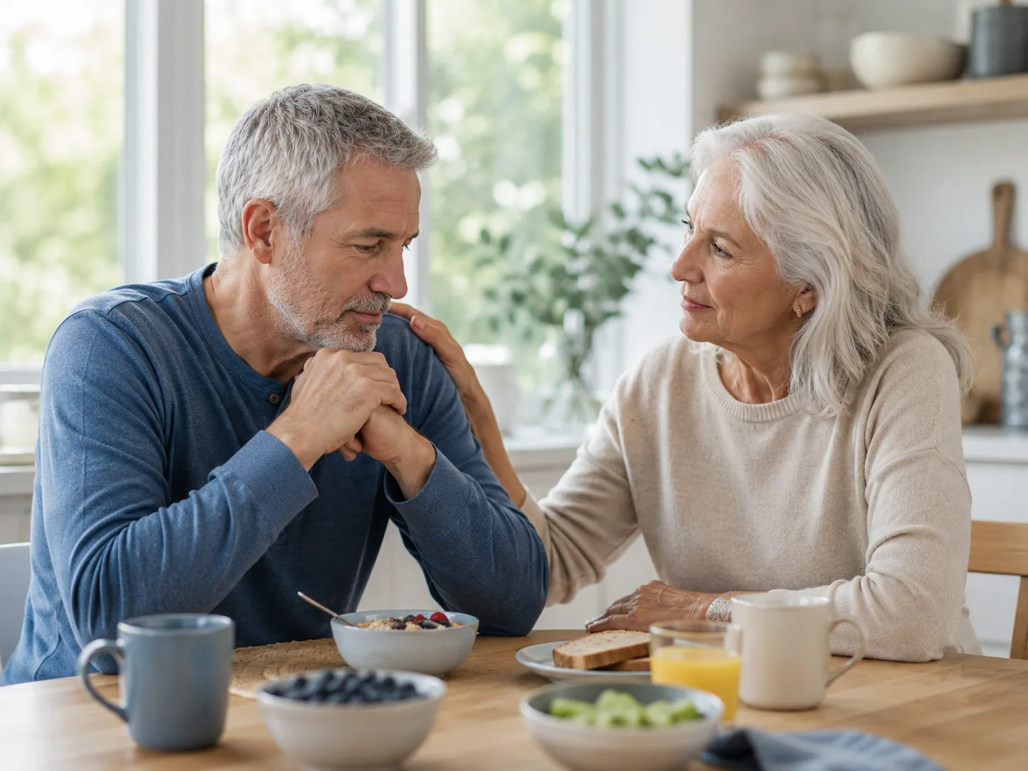 Mature couple having a supportive conversation at breakfast
