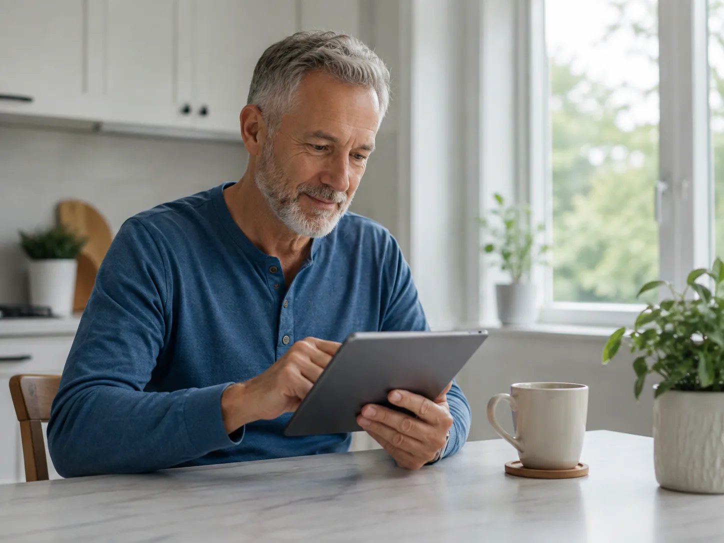 Mature man completing a health assessment on a tablet at home