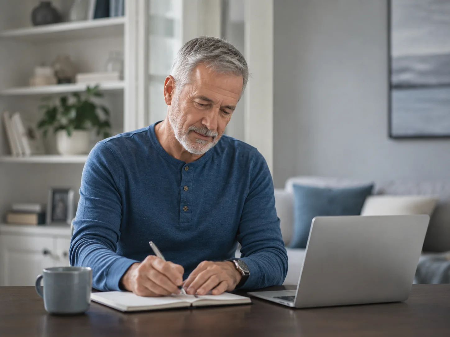 Mature man writing health notes beside an open laptop