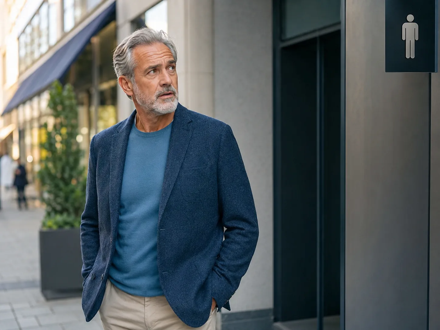 Mature man looking toward a public restroom entrance while out in the city