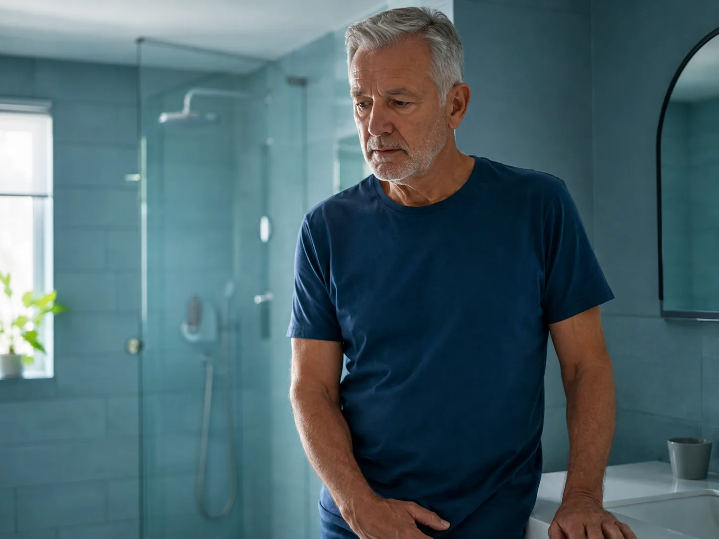Mature man standing thoughtfully in a modern bathroom